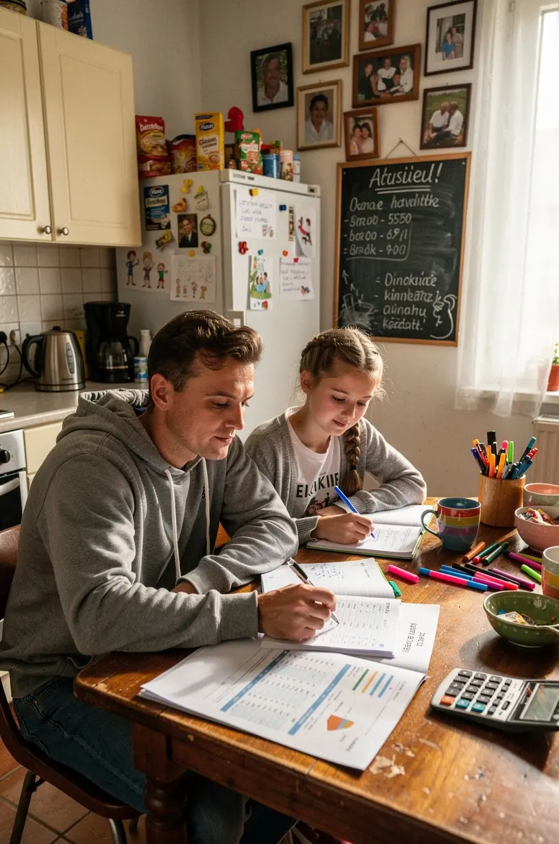 Bankkártya mellett elhelyezett pénzügyi tervező füzet, amely az adósságkezelés alapjait tartalmazza.